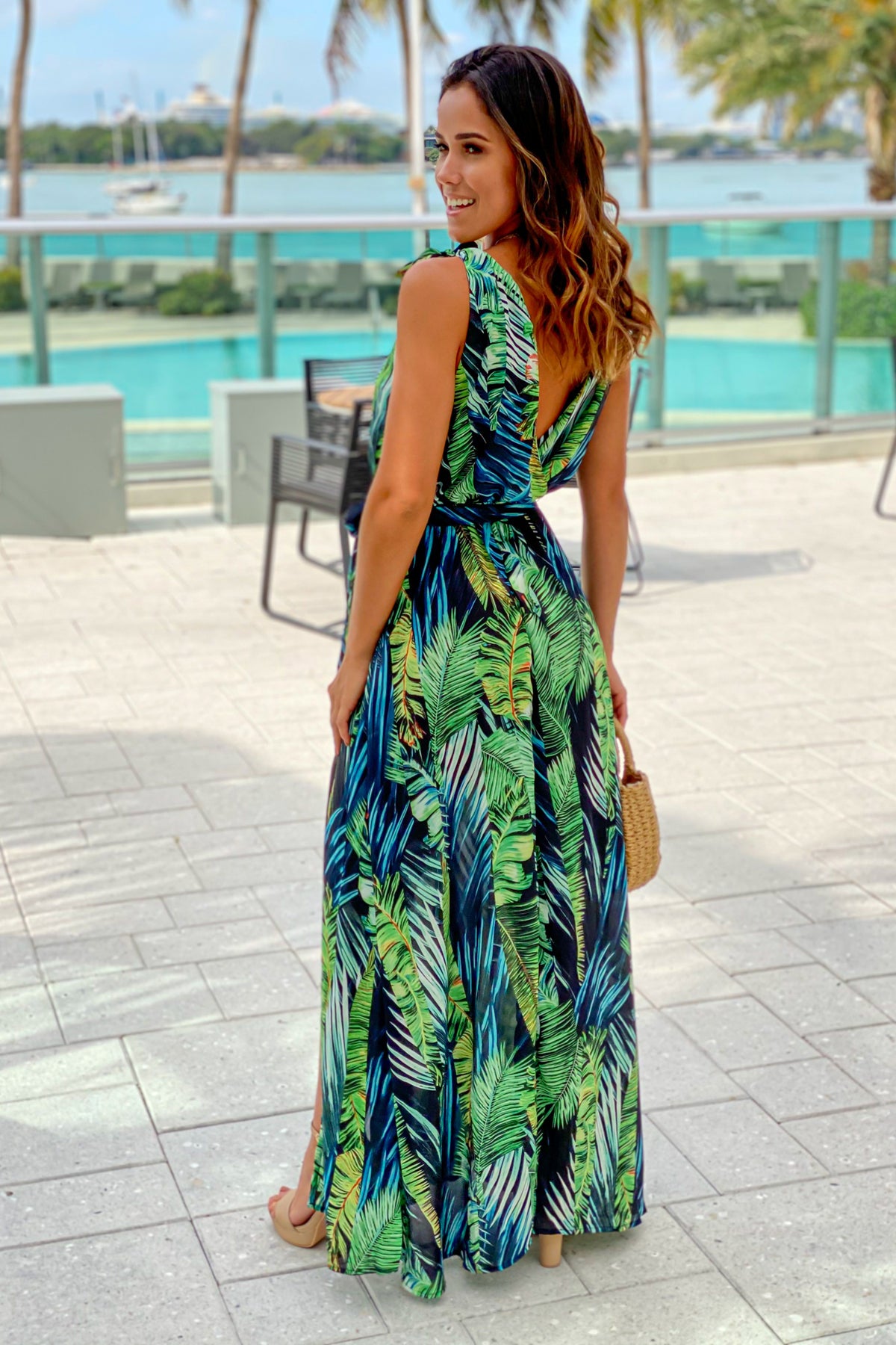 Tropical Dresses Maxi Green Tropical Long Dresses Women's Tropical Green Palm Leaf Print Tropical Dresses Maxi Green Tropical Long Dresses Women's Tropical Green Palm Leaf Print