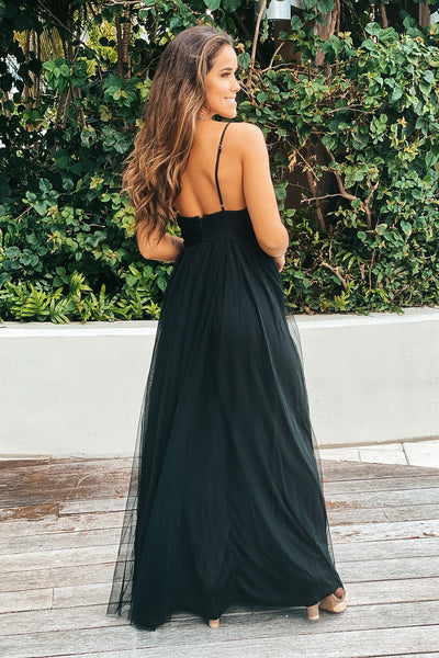 black tulle formal maxi dress