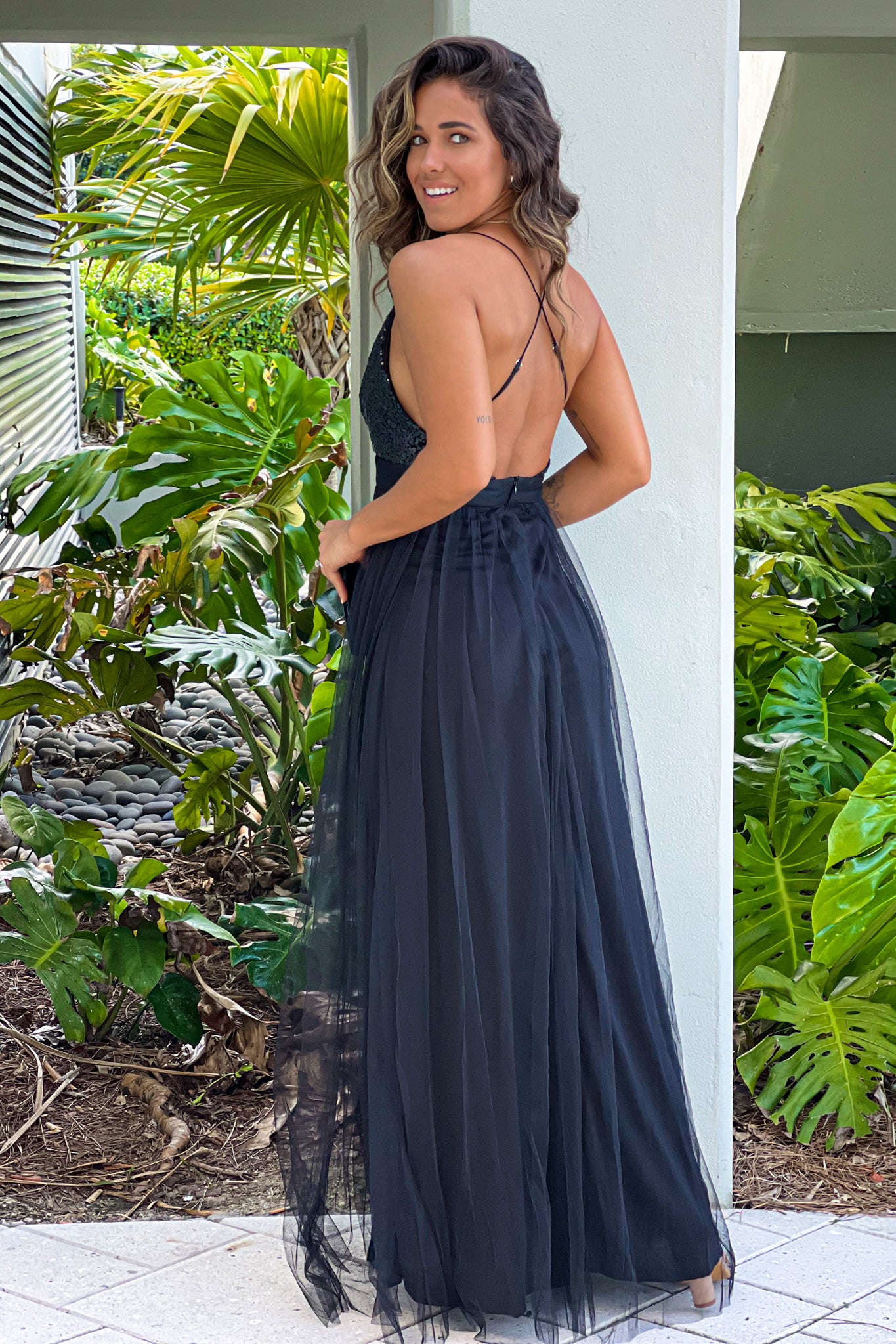 black tulle maxi dress with criss cross back