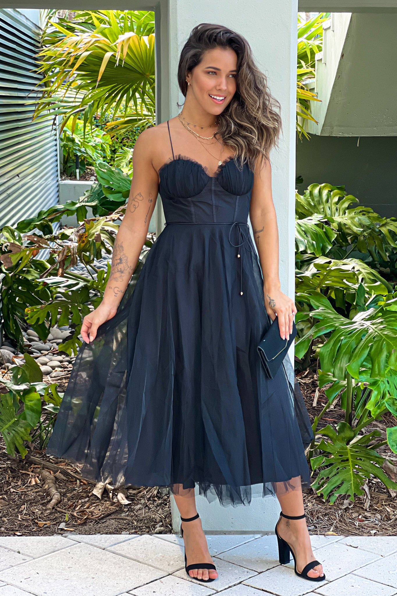 midi tulle dress Black Tulle Midi Dress With Lace Detail