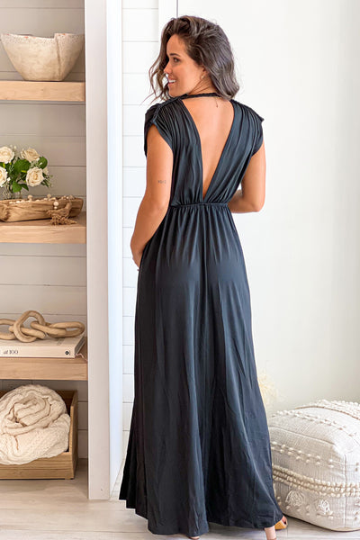 black v-back maternity maxi dress