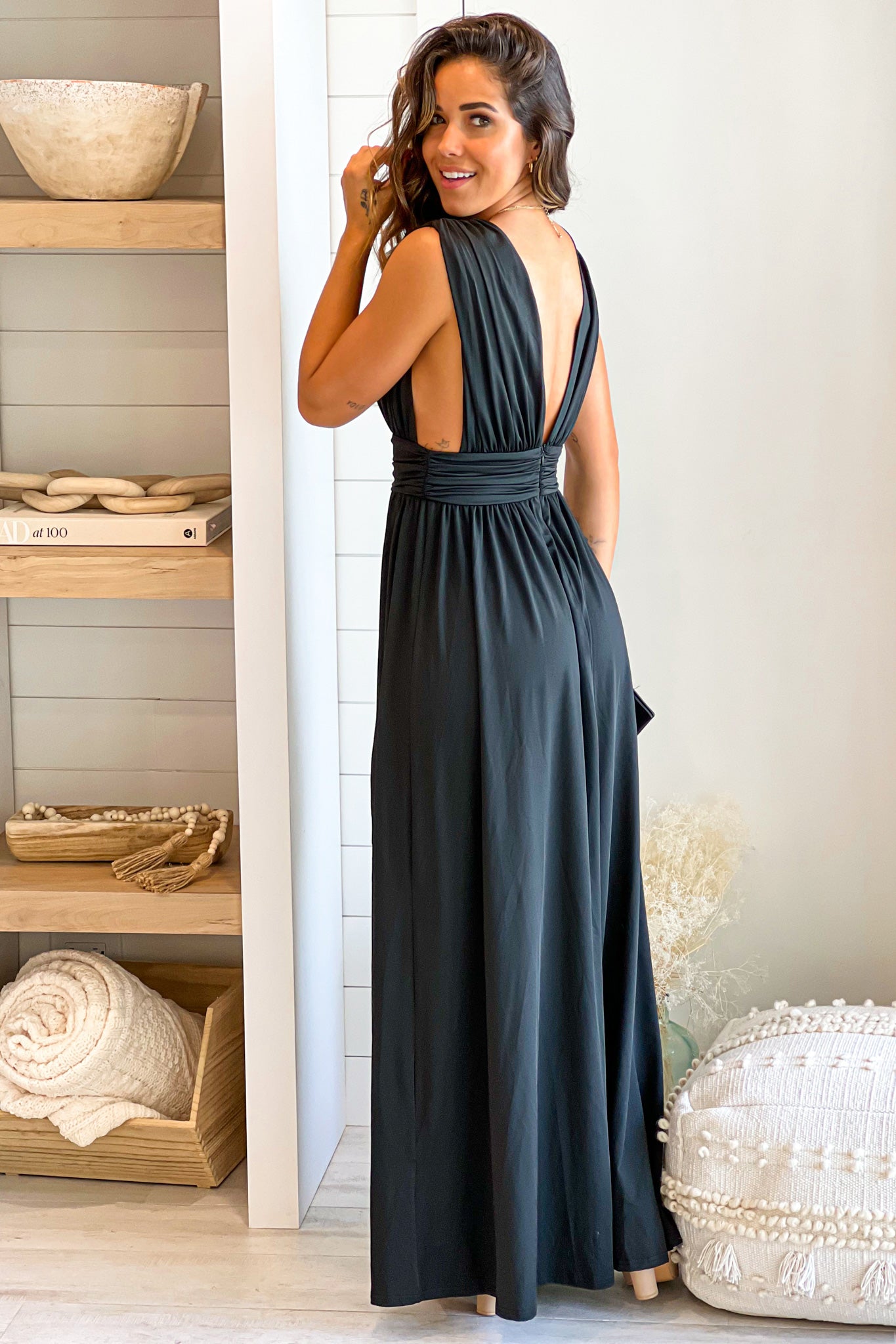 black v-back maxi dress
