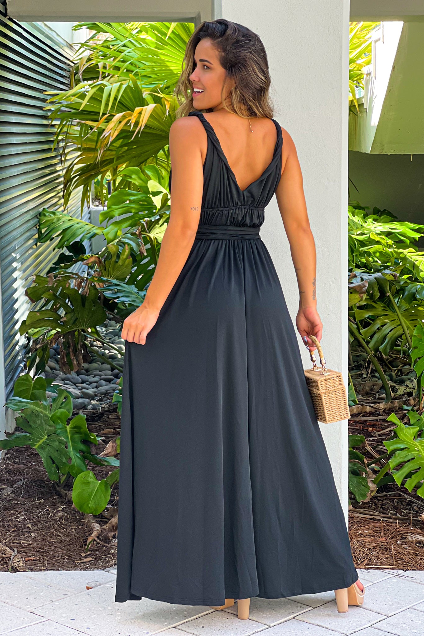 black v-back maxi dress