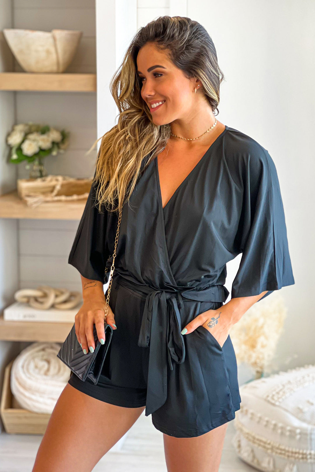 cute dresses and rompers Black V-Neck Romper With Sleeves Sleeve options include lily_style_silhouette::Bodycon Color:Blush Bloom Zara Womens Solid Black