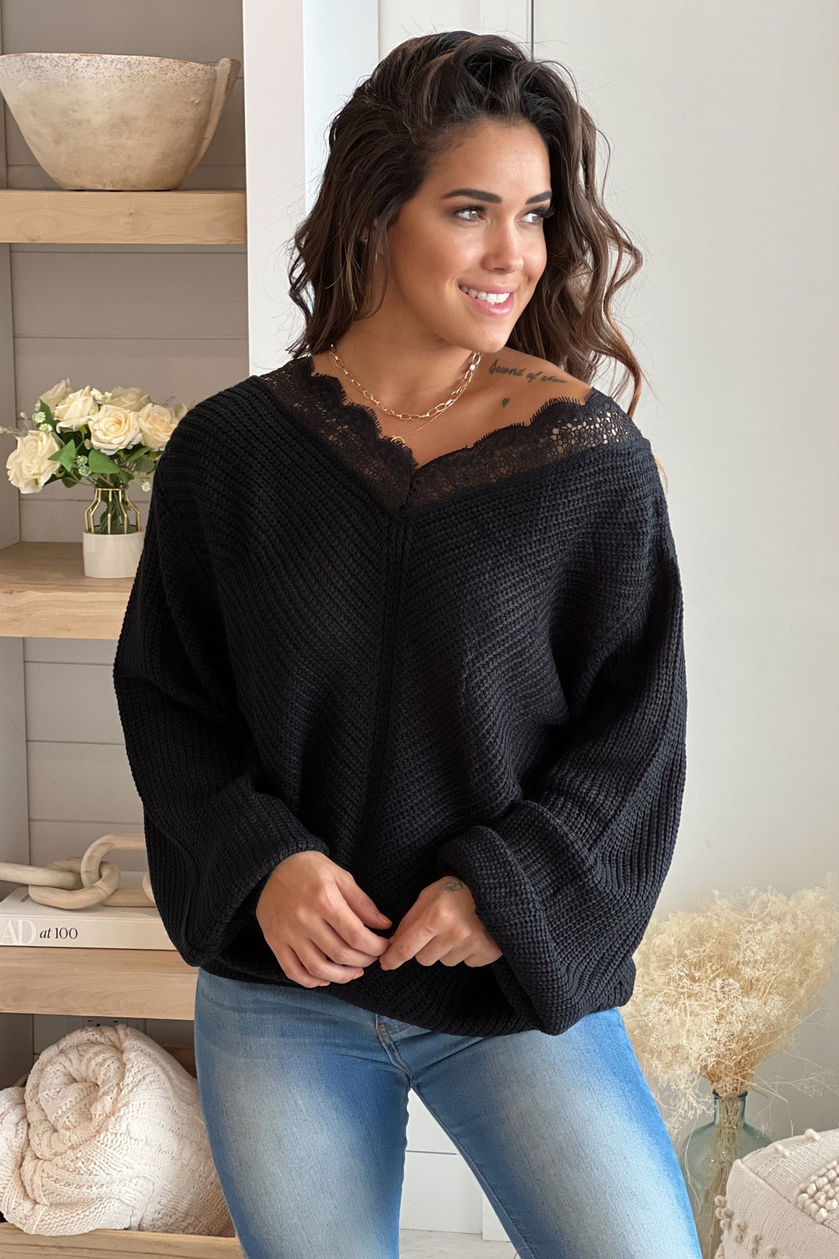 Black Lace Trim V-Neck Sweater