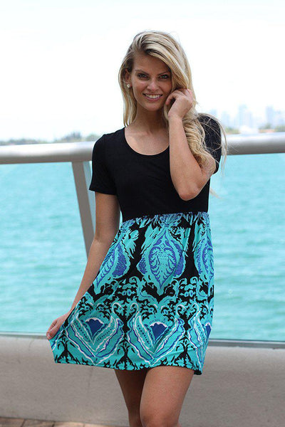 Black And Aqua Dress With Short Sleeves