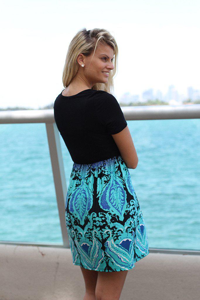 Black And Aqua Dress With Short Sleeves