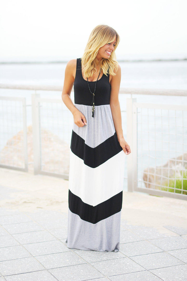 Black and Gray Chevron Maxi Dress