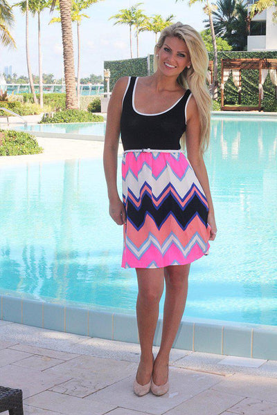 Black and Neon Pink Chevron Dress with Belt