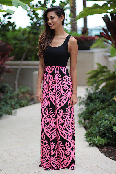 Black And Neon Pink Printed Maxi Dress
