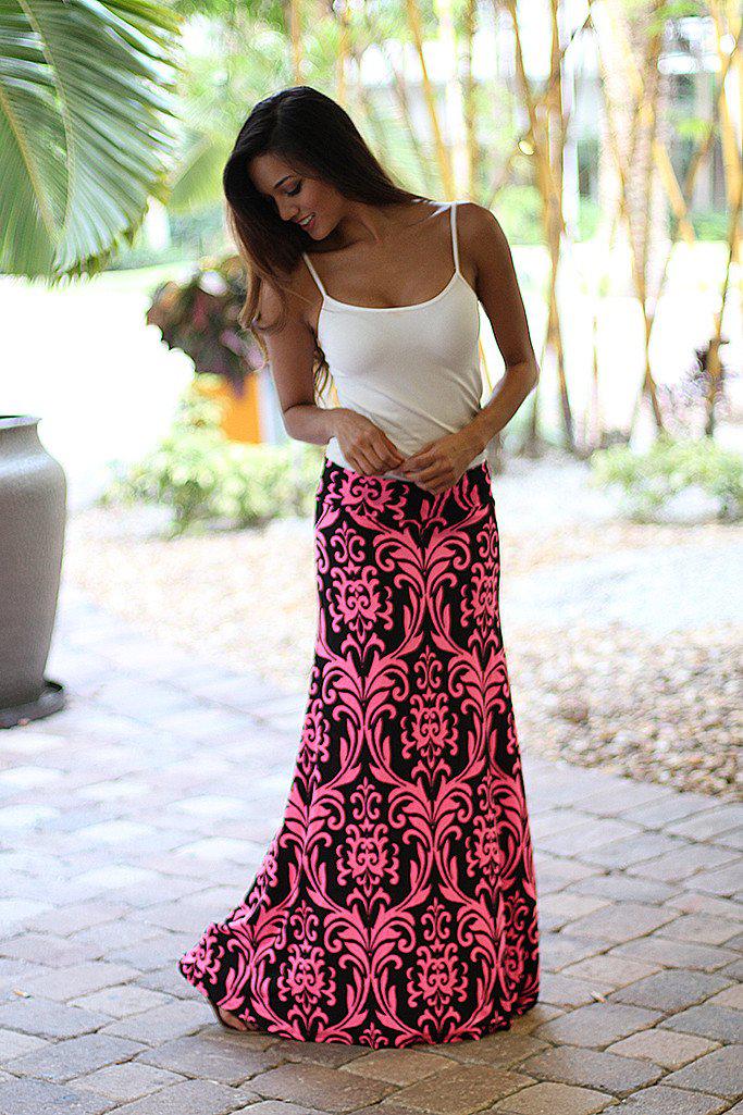 Black and Neon Pink Printed Maxi Skirt