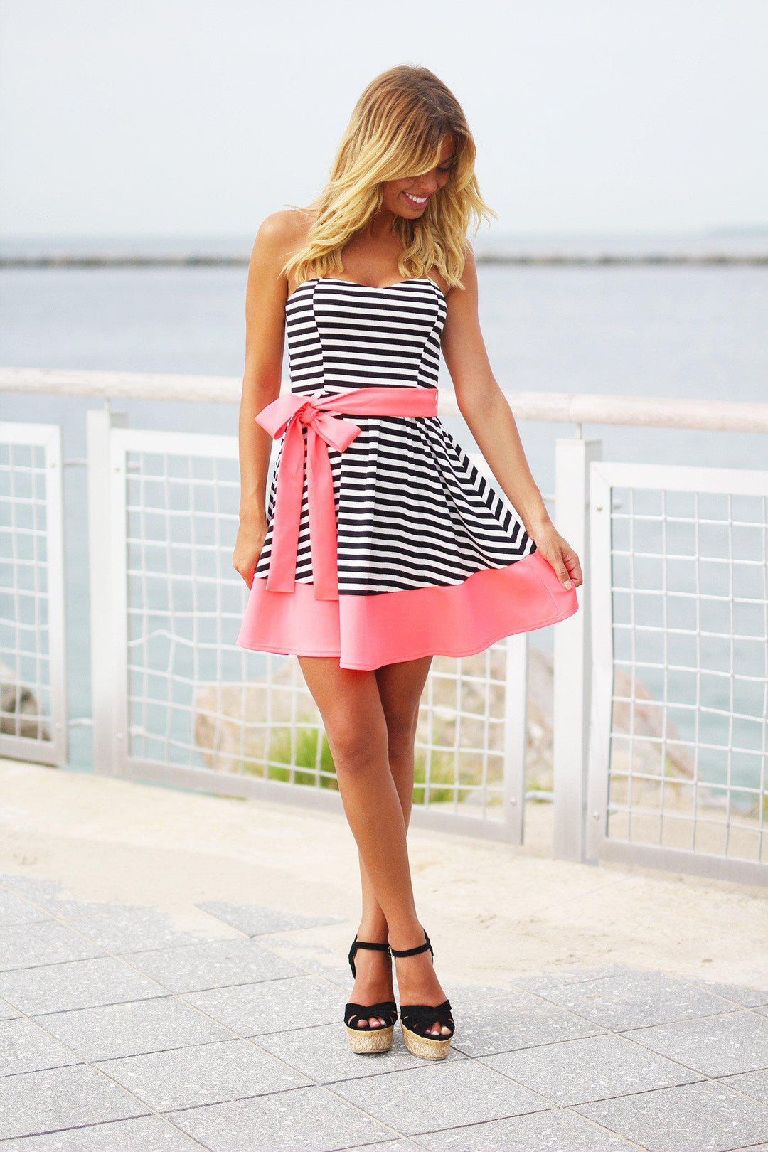 Black and Neon Pink Striped Dress | Cute Short Dress