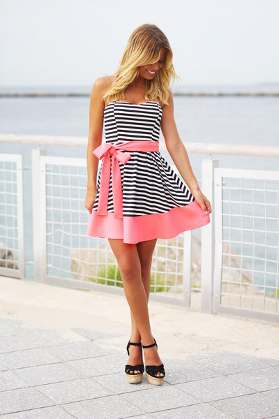 Black and Neon Pink Striped Dress