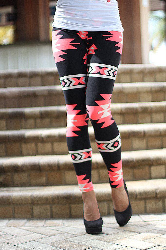 Black And Neon Pink Tribal Print Leggings