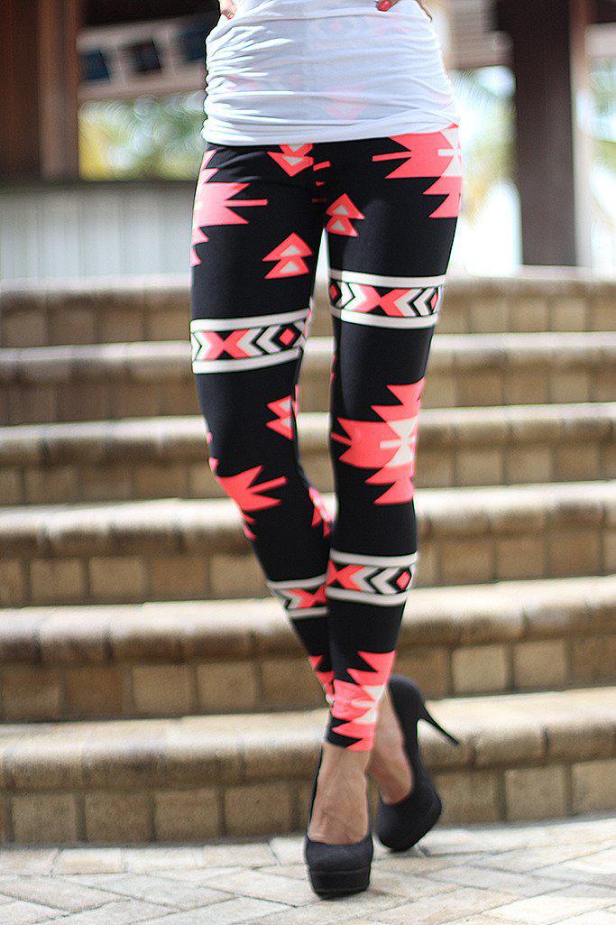 Neon Patterned Leggings Black And Neon Pink Tribal Print