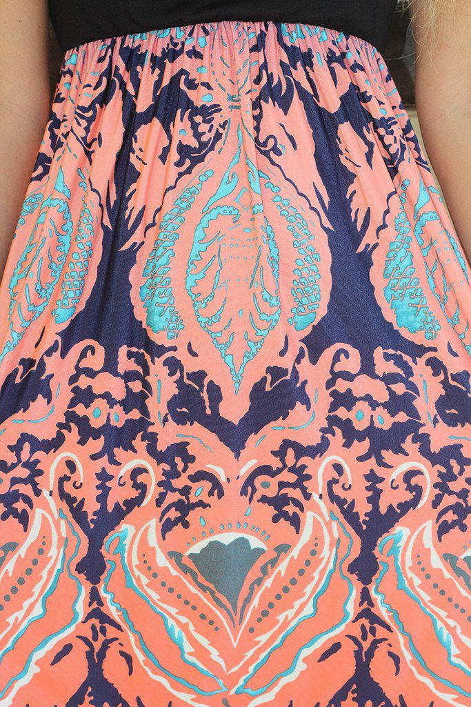 Black And Peach Printed Dress With Short Sleeves