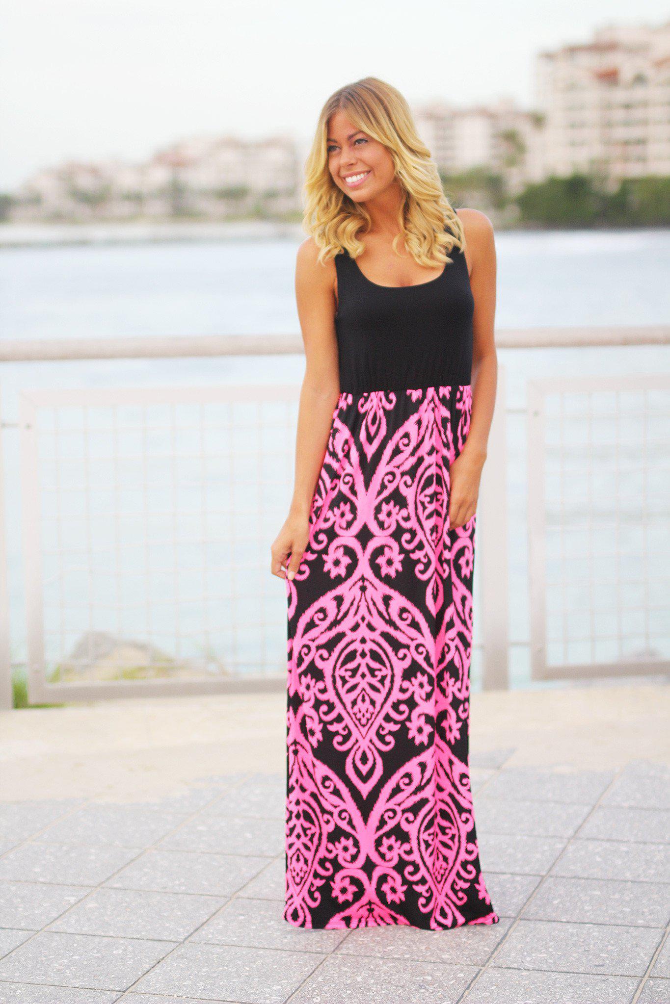 Black and Neon Pink Printed Maxi Dress