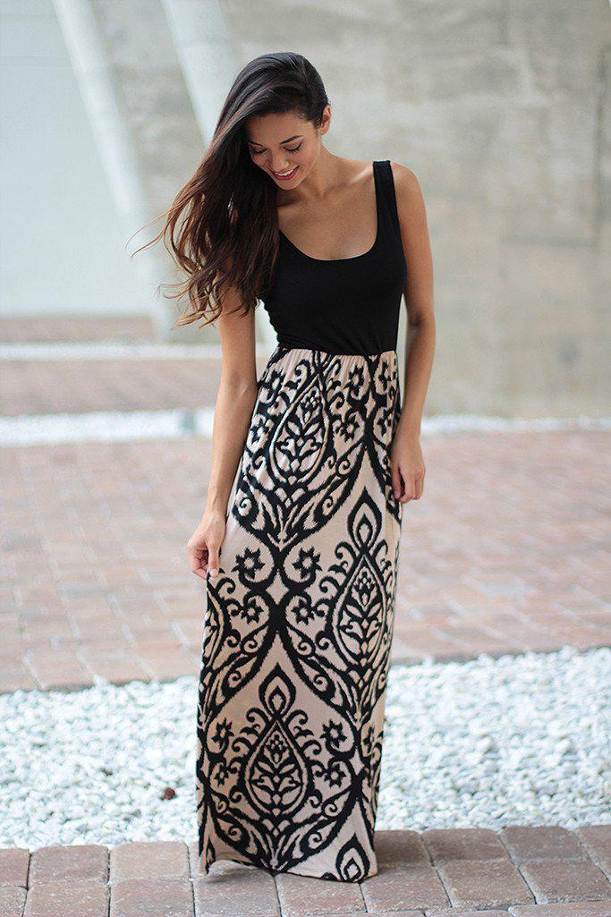 Black and Taupe Maxi Dress With Criss Cross Back