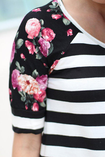 Black And White Striped Top With Floral Sleeves