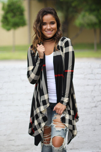 check print open front cardigan