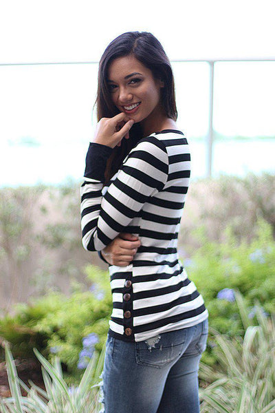 Black Striped Top With Buttons