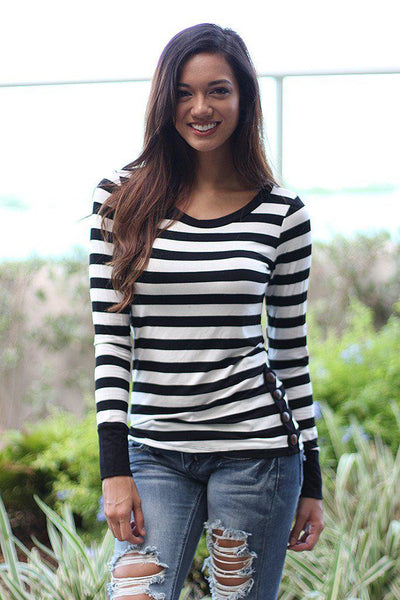 Black Striped Top With Buttons