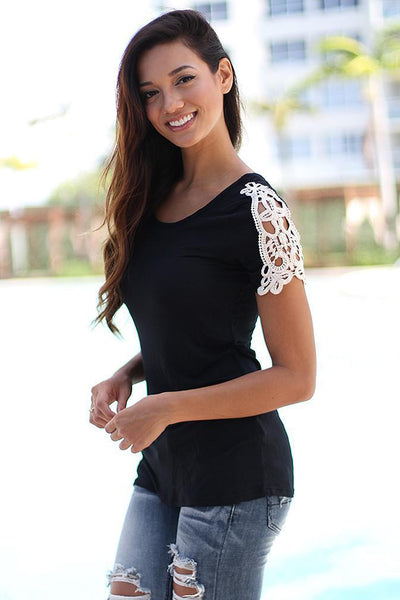 Black Short Sleeve Top With Crochet Sleeves