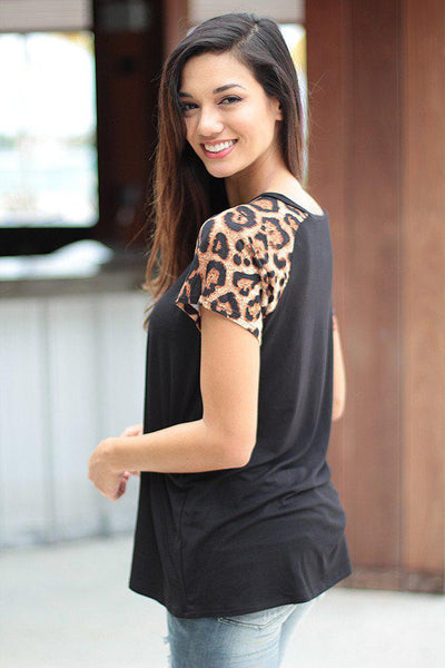 Black Top With Short Leopard Sleeves