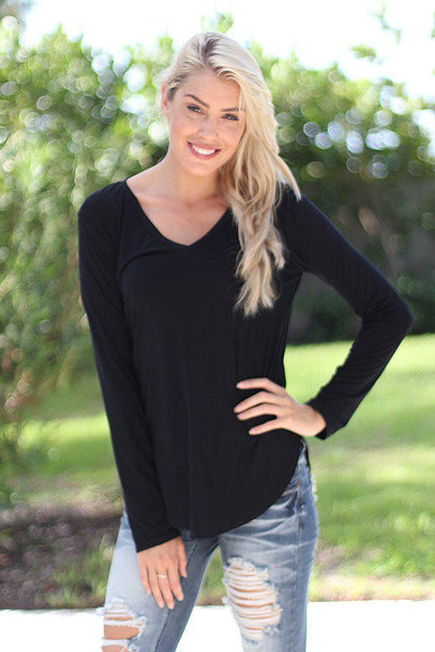 Black V-Neck Top With Long Sleeves