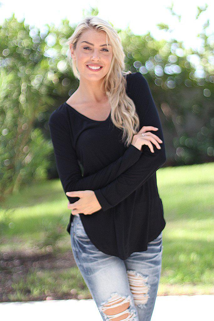 Black V-Neck Top With Long Sleeves