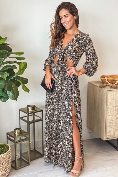 Black Printed Maxi Dress With Long Sleeve And Cut Outs