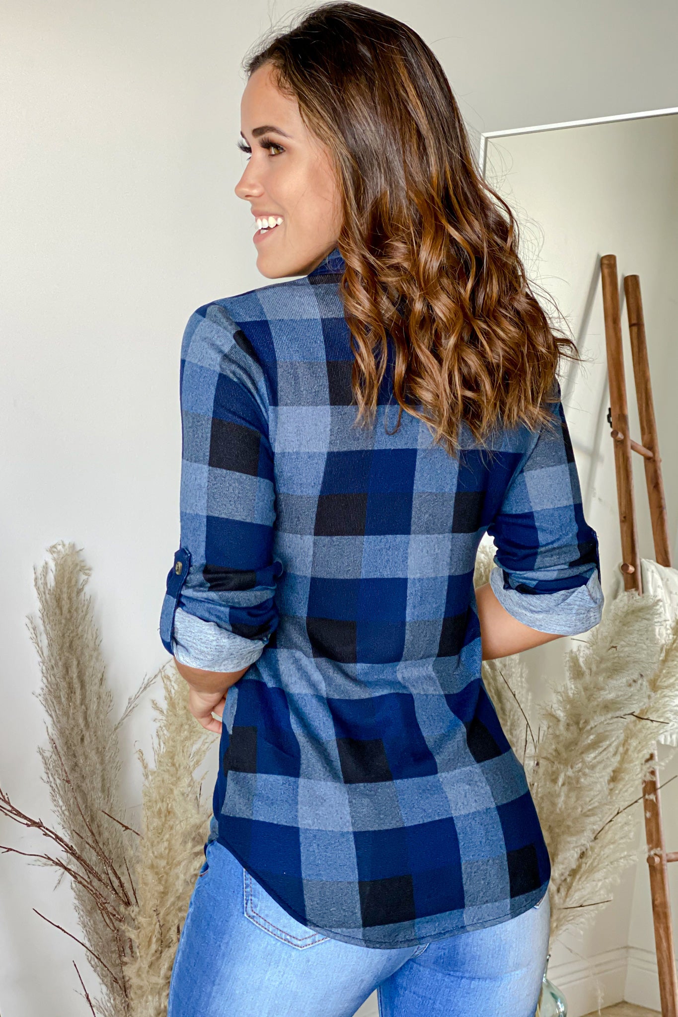 blue and black plaid top