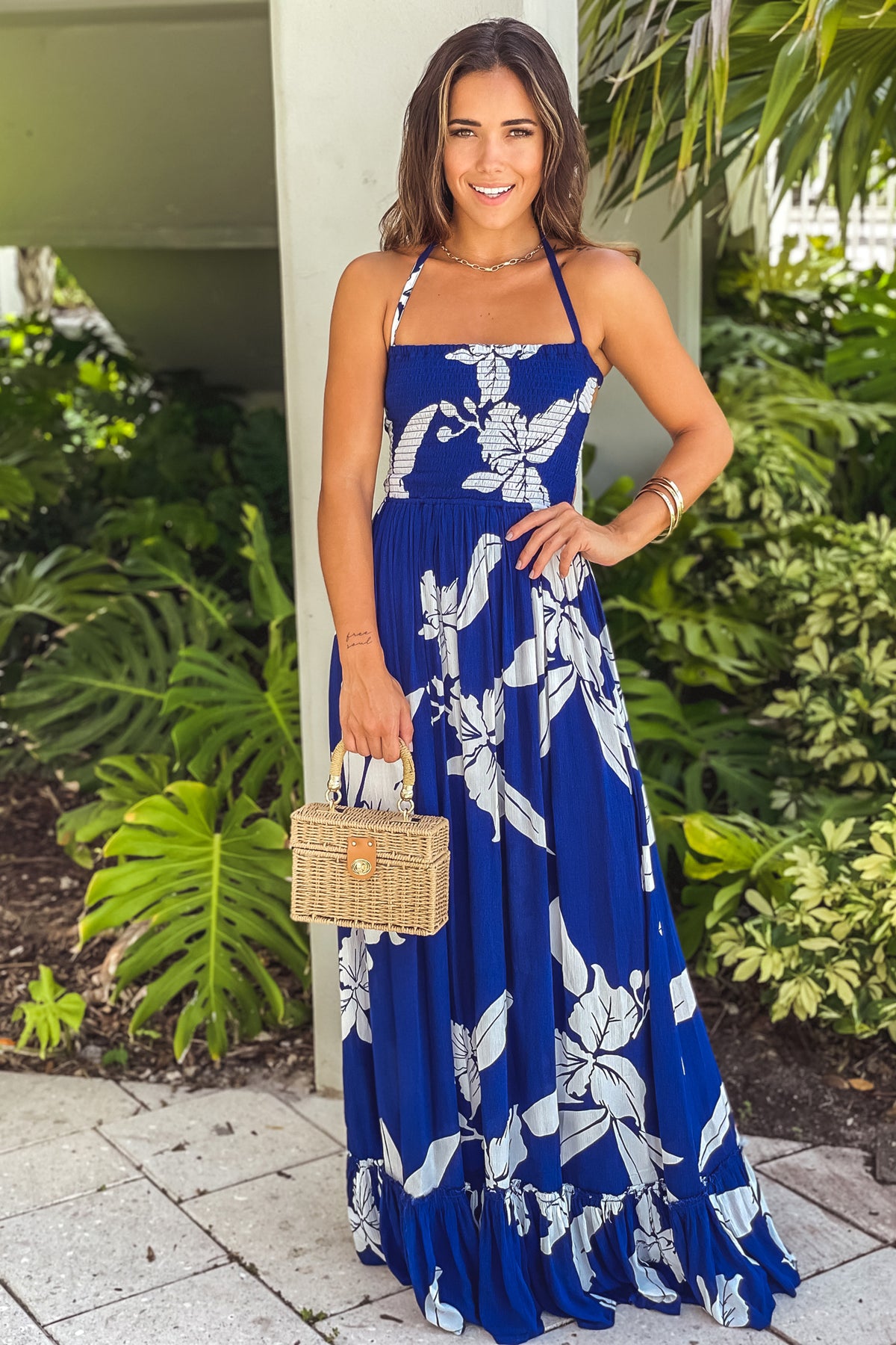 Blue And White Maxi Dress with Strappy Back