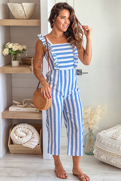 blue and white jumpsuit