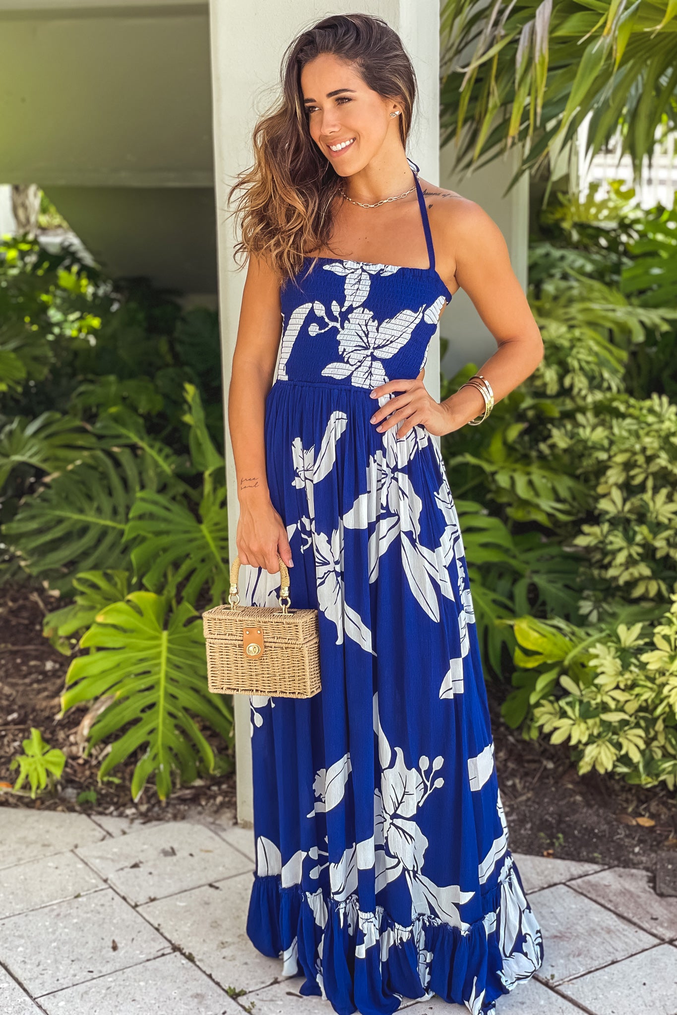 Blue And White Maxi Dress with Strappy Back