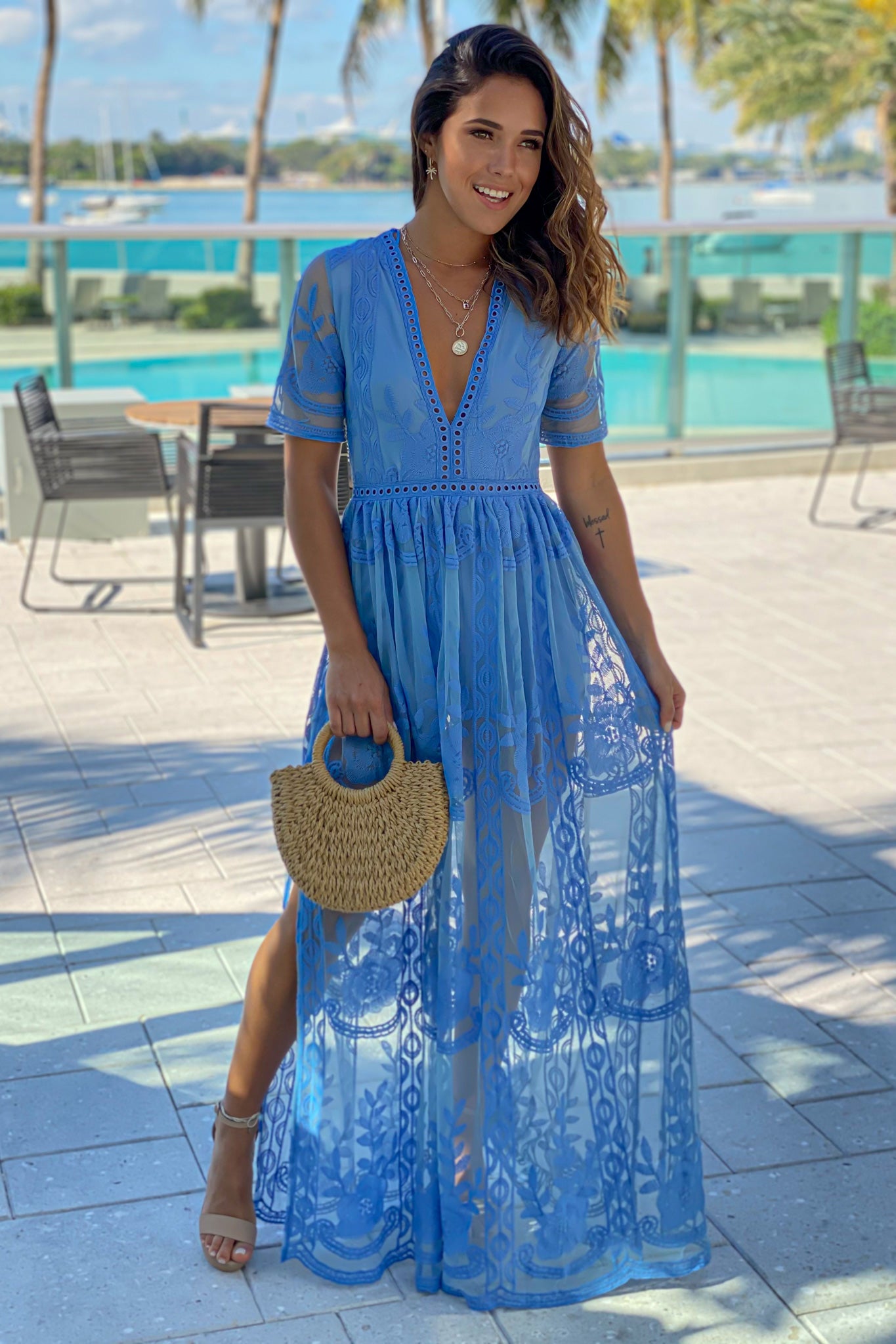 Blue Lace Maxi Romper with Sleeves and Slits | Rompers Saved by the Dress Blue Lace Maxi Romper with Sleeves and Slits | Rompers Saved by the Dress