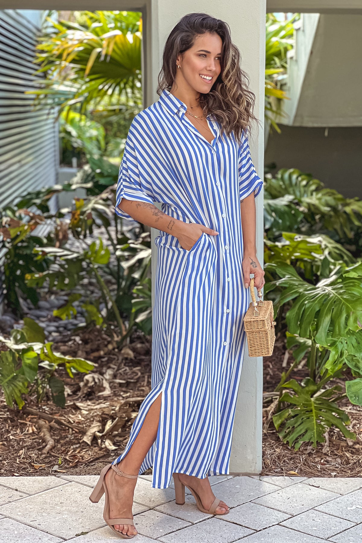 Blue Striped Button Down Long Shirt Dress