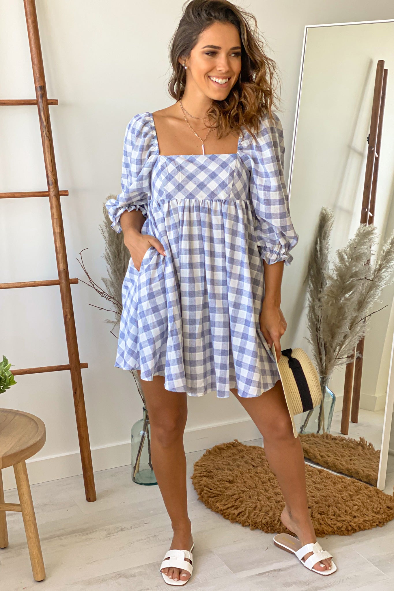 blue checkered casual short dress