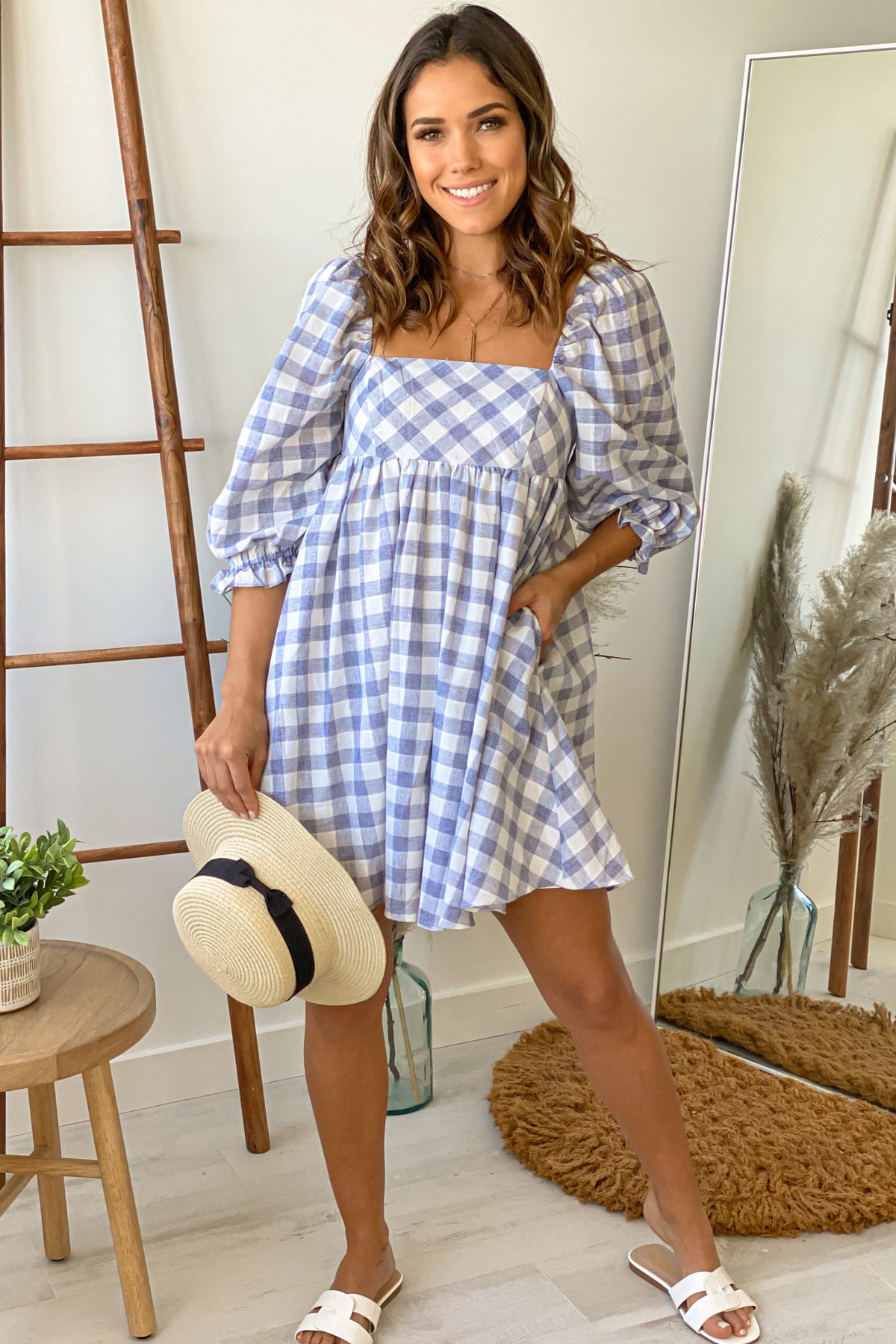 Blue Checkered Short Dress With Puff Sleeves