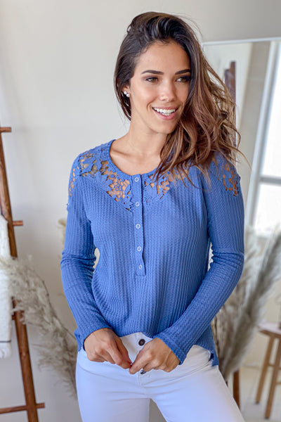 Blue Henley Top With Floral Crochet Detail