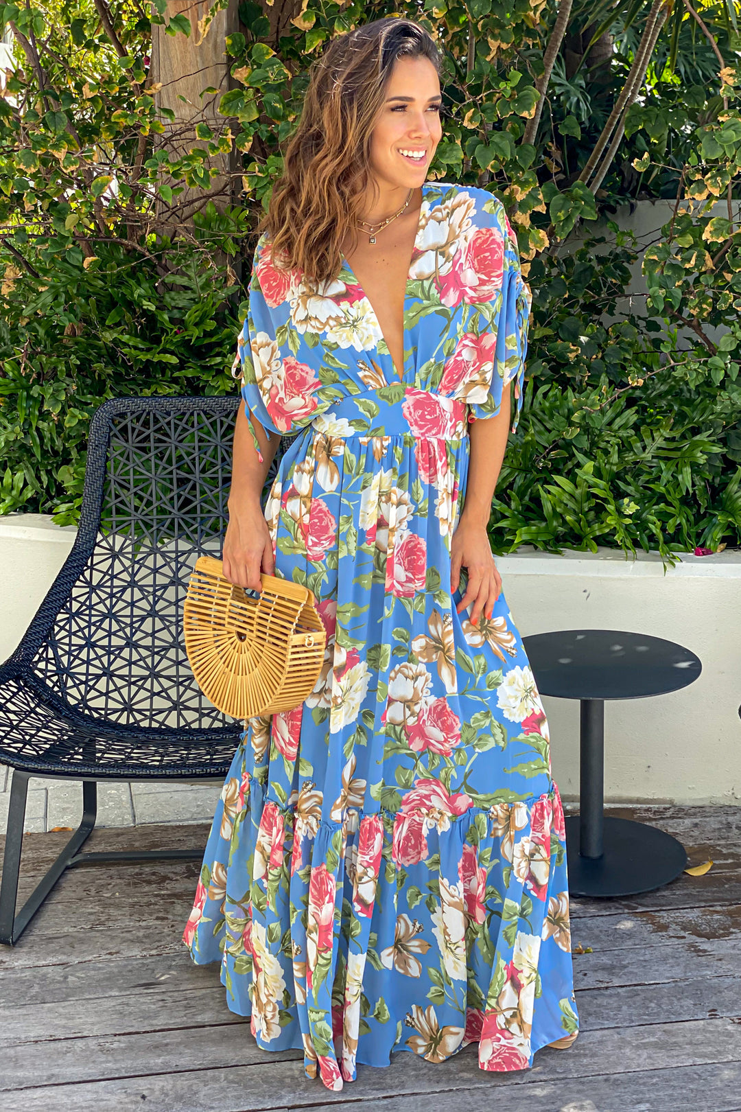 Blue Floral Dolman Sleeves Maxi Dress