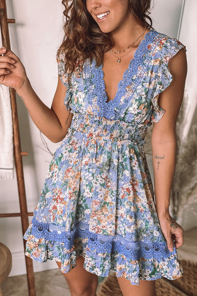 blue floral print ruffle short dress
