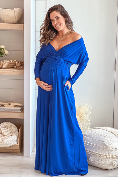 blue maternity maxi dress with dolman sleeves