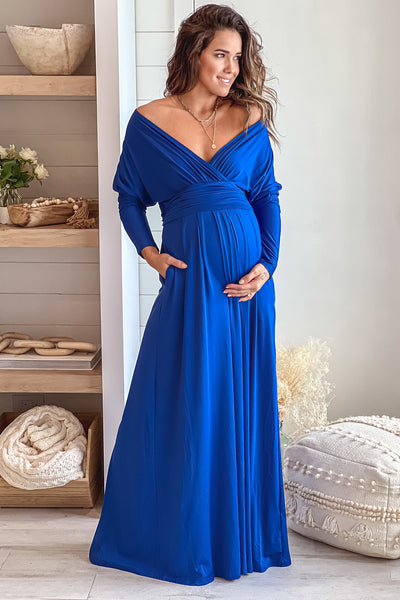 blue maternity maxi dress with pockets