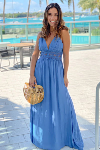 blue maxi dress with crochet trim and lining