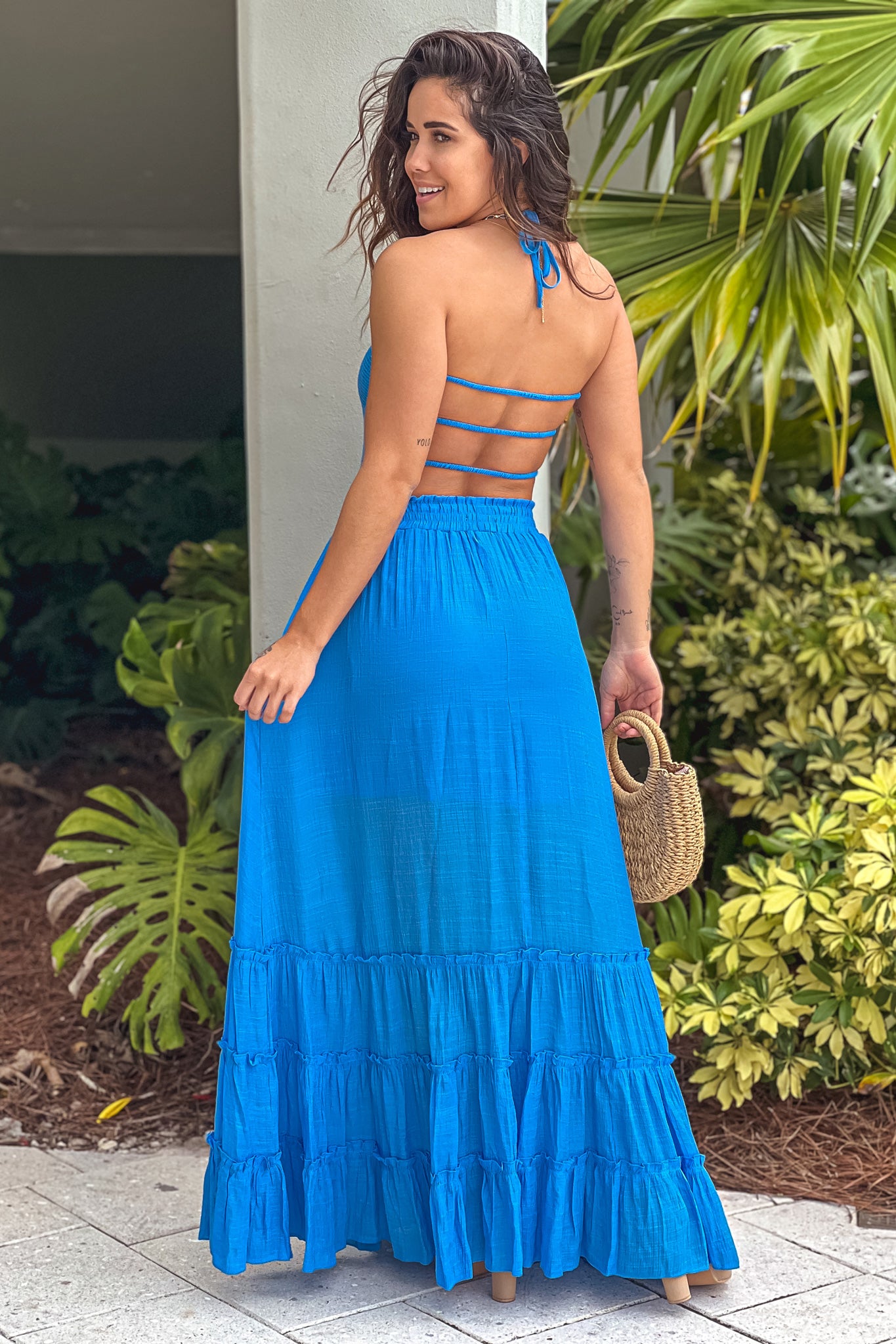 blue maxi dress with strappy back