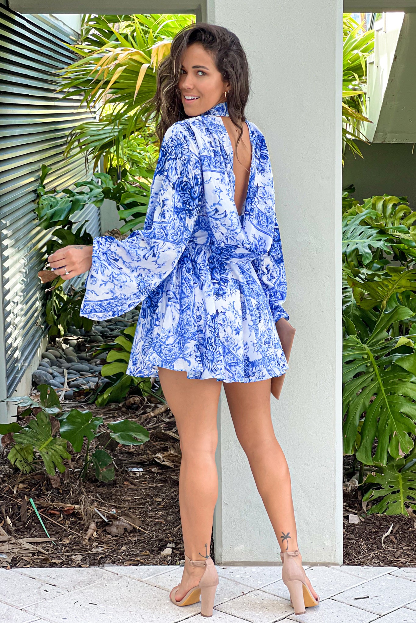 blue printed short dress with bell sleeves