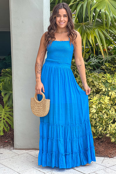blue smocked maxi dress with strappy back
