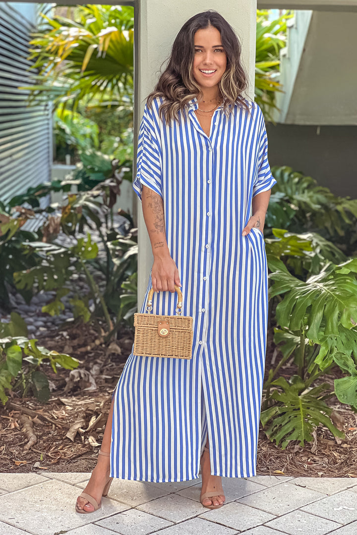 Blue Striped Button Down Long Shirt Dress Cute Dresses Saved by the Dress