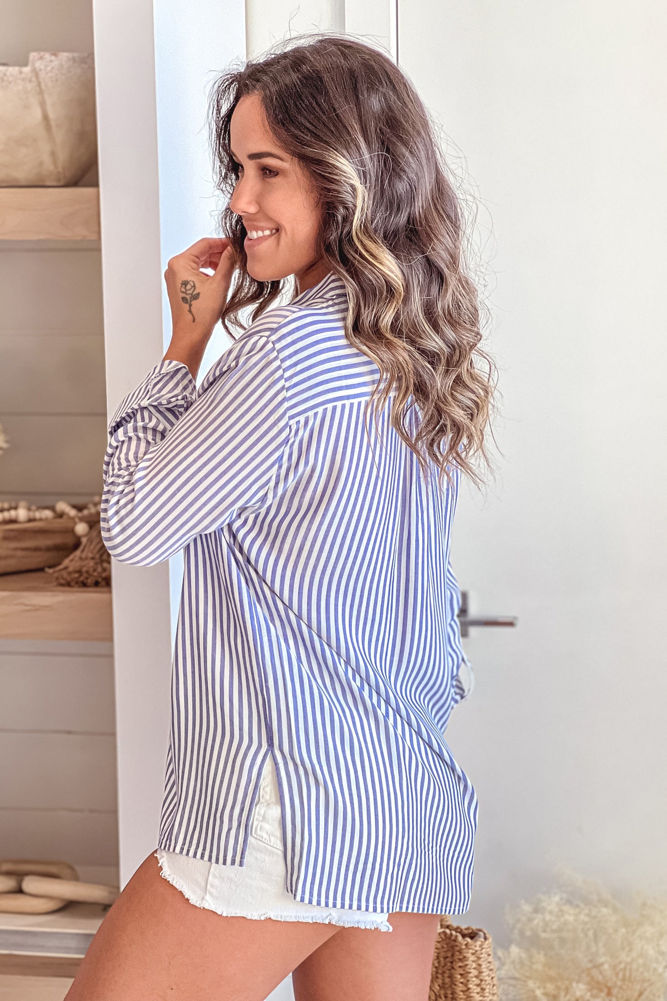 blue striped button down roll up sleeve shirt